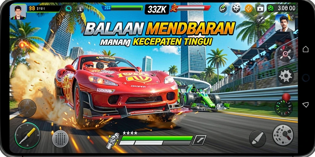 Gameplay 33ZK yang menegangkan saat balapan penuh adrenalin.