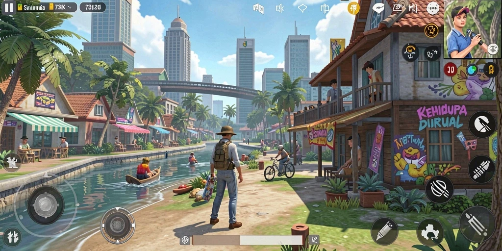 Screenshot gameplay 73K yang menampilkan interaksi karakter dan lingkungan.