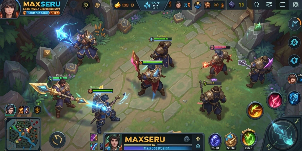 Screenshot gameplay seru MAXSERU dengan karakter bertarung di arena.