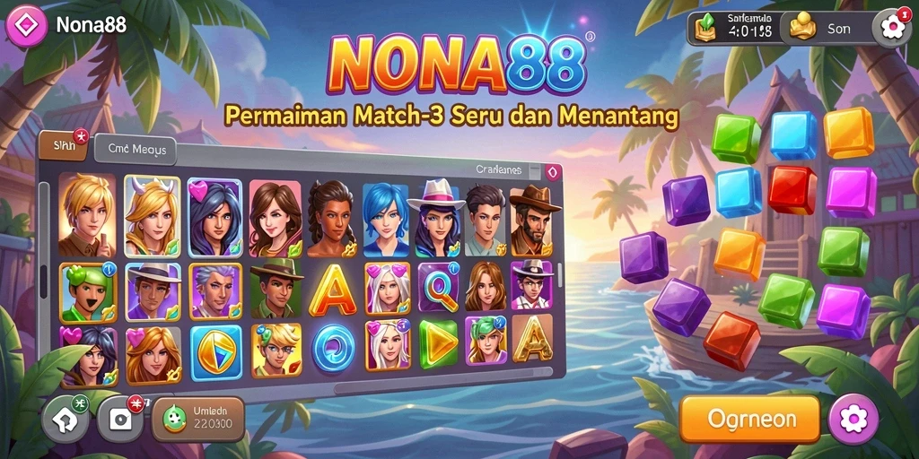 Tampilan gameplay NONA88 dengan elemen Match-3 yang warna-warni.